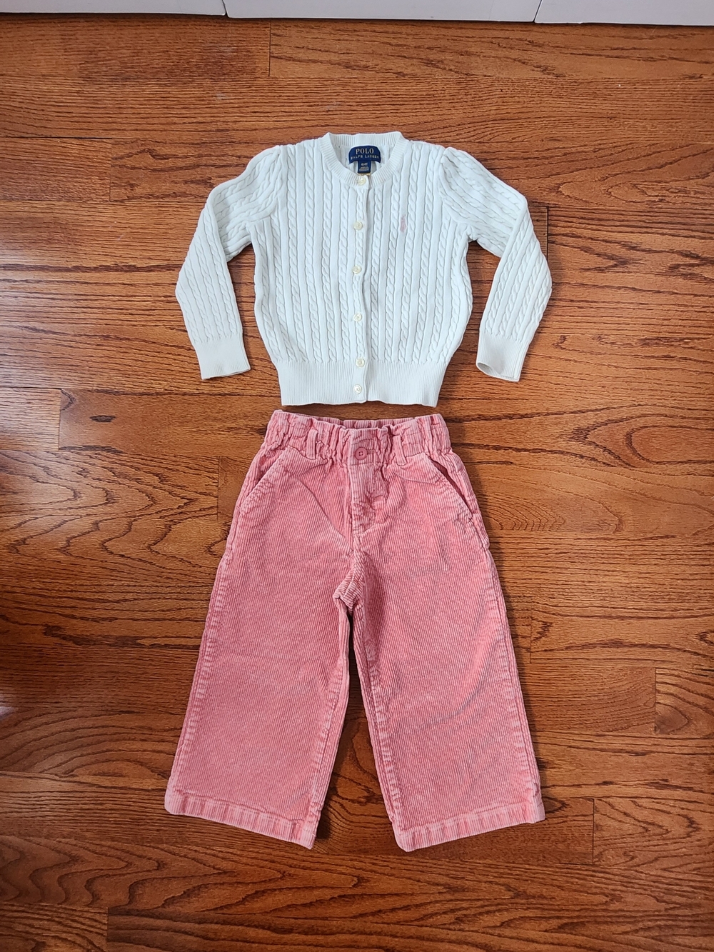 Ralph Lauren Cream Cable-Knit Cardigan with Pink Corduroy Pants - Kids